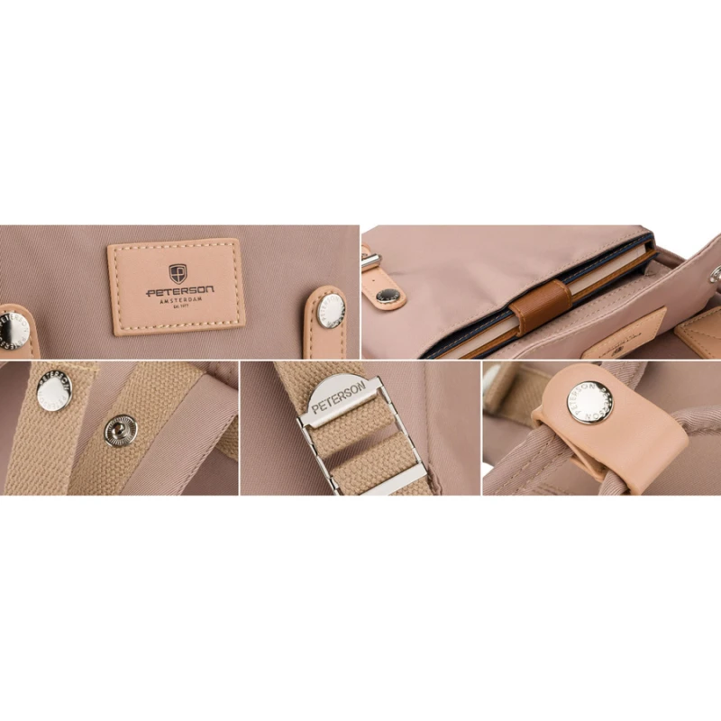 Beżowy, duży plecak damski wykonany z poliestru i skóry ekologicznej - Peterson | Niua.pl