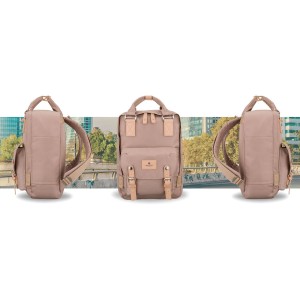 Beżowy, duży plecak damski wykonany z poliestru i skóry ekologicznej - Peterson | Niua.pl