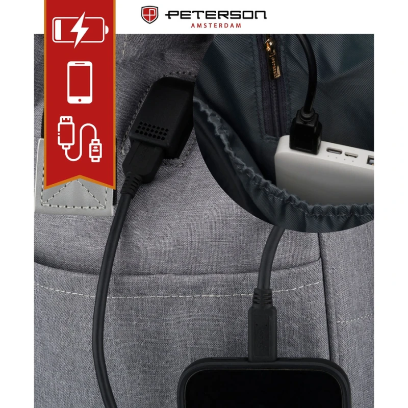 Plecak damski z poliestru w szarym kolorze zamykany bezpiecznym suwakiem - Peterson | Niua.pl