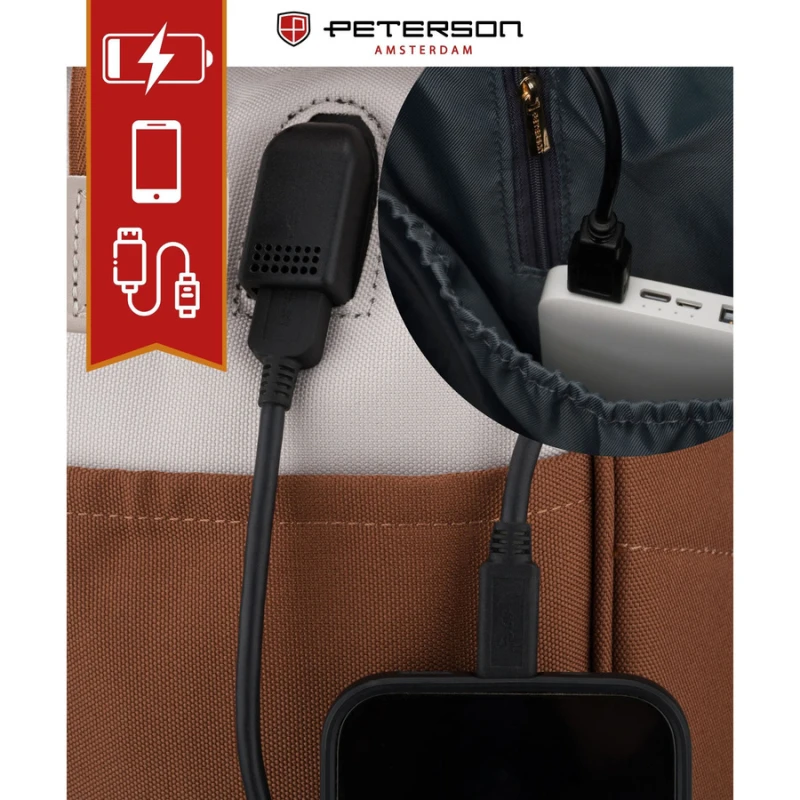 Beżowo-brązowy plecak damski z poliestru z miejscem na laptopa - Peterson | Niua.pl