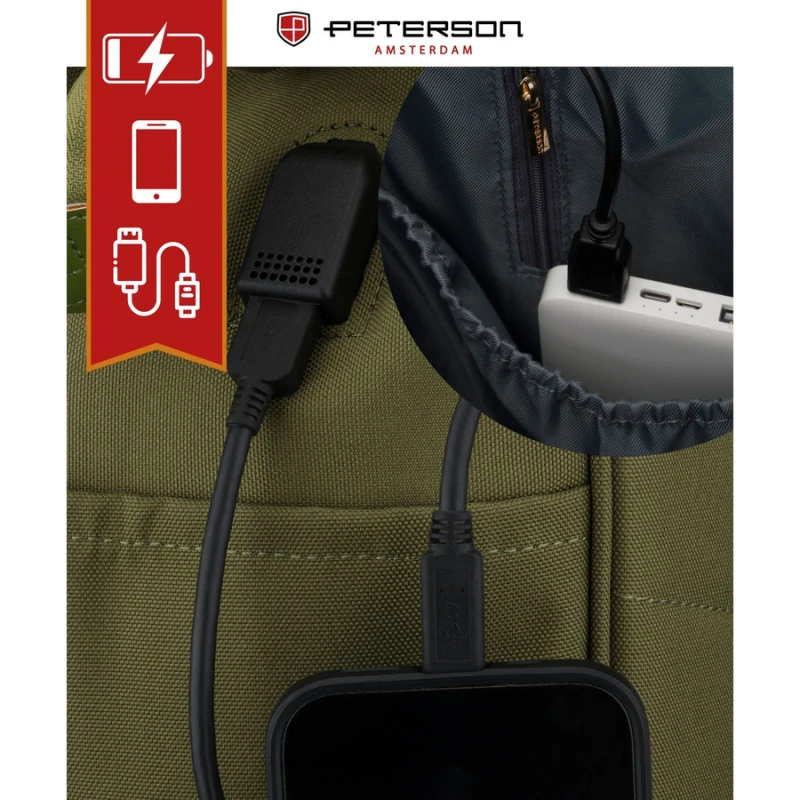 Zielony plecak damski z poliestru z miejscem na laptopa, zawieszony na regulowanych szelkach - Peterson | Niua.pl