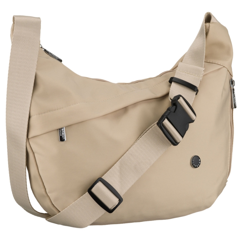 Torebka damska z poliestru w jasnobeżowym kolorze, zamykana suwakiem i wyposażona w kieszeń zewnętrzną - Peterson | Niua.pl