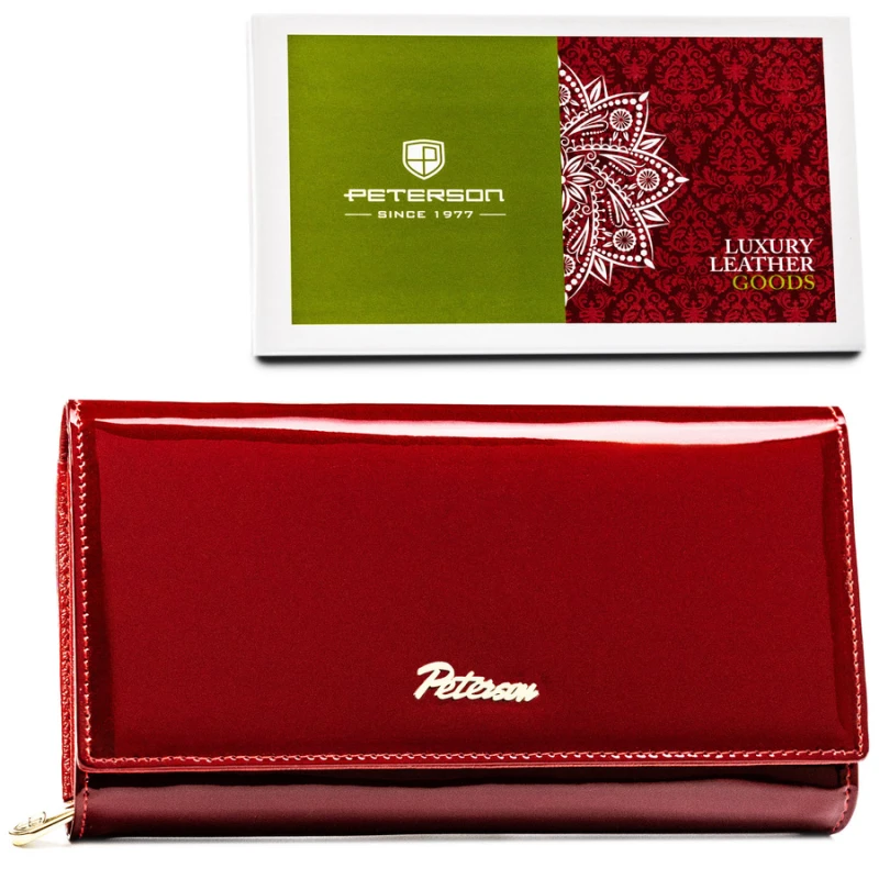 Duży, czerwony portfel damski z lakierowanej skóry naturalnej zamykany na zatrzask - Peterson