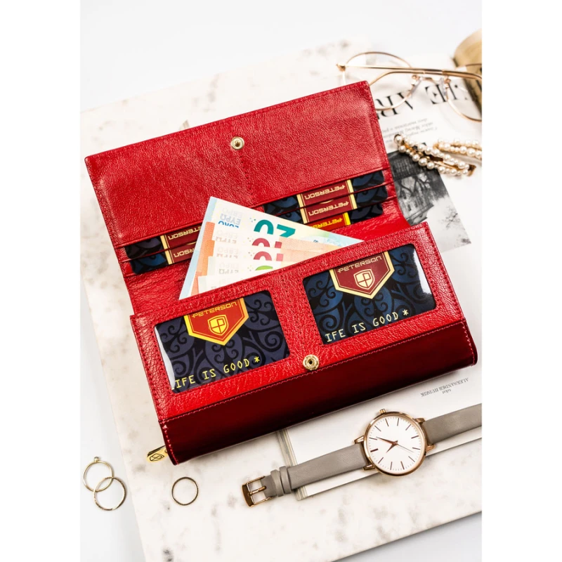 Duży, czerwony portfel damski z lakierowanej skóry naturalnej zamykany na zatrzask - Peterson