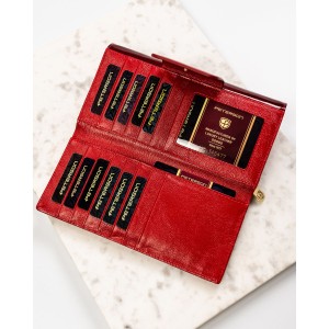 Duży, czerwony portfel damski z lakierowanej skóry naturalnej zamykany na zatrzask - Peterson