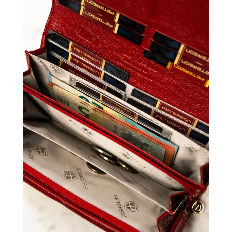 Duży, czerwony portfel damski z lakierowanej skóry naturalnej zamykany na zatrzask - Peterson