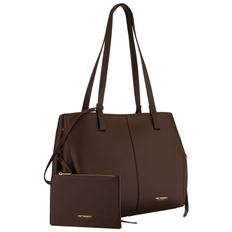 Brązowa shopperka damska Peterson ze skóry ekologicznej z etui, widok z przodu