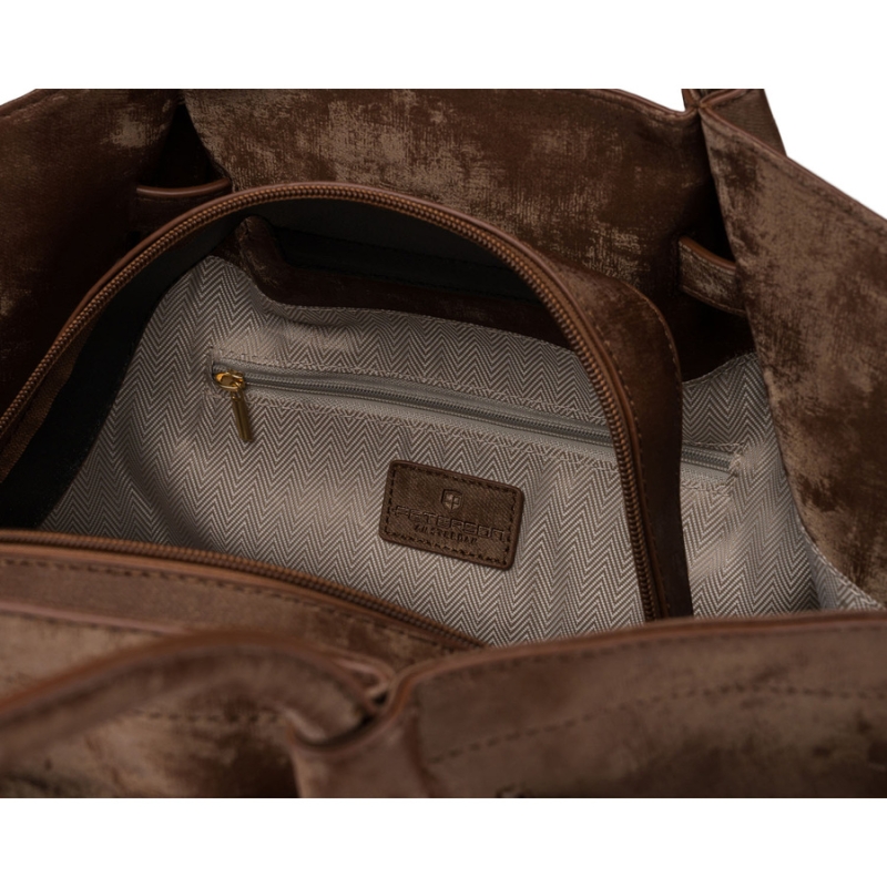 Wnętrze shopperki Peterson – podszewka w beżową jodełkę, otwarta kieszeń i zasuwana kieszeń