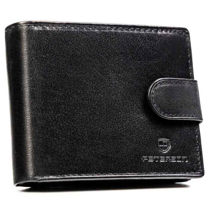 Poziomy portfel męski ze skóry naturalnej w czarnym kolorze wyposażony w system RFID - Peterson