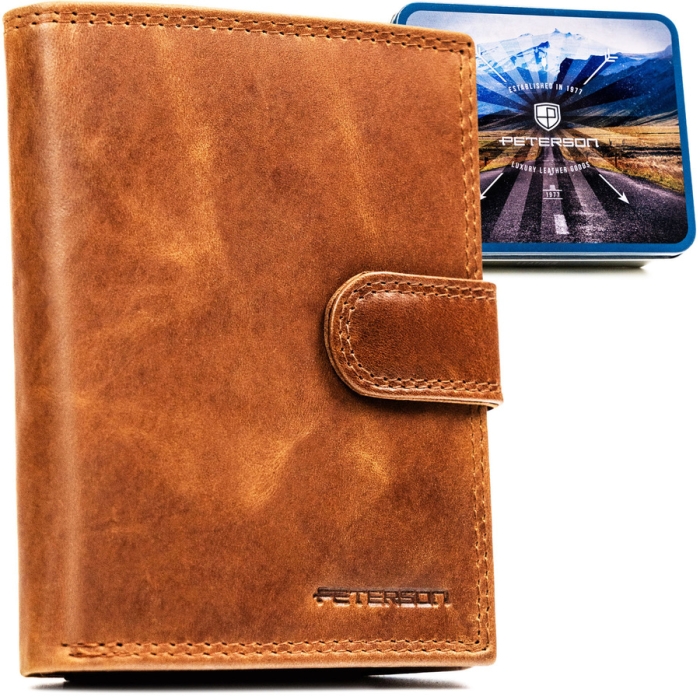 Pionowy portfel męski ze skóry naturalnej w brązowym kolorze zamykany na zatrzask - Peterson