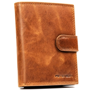 Pionowy portfel męski ze skóry naturalnej w brązowym kolorze zamykany na zatrzask - Peterson