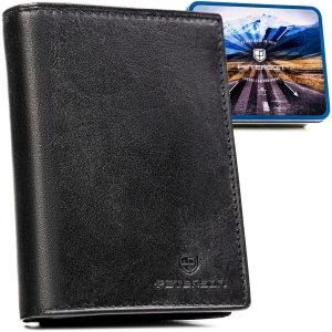 Elegancki, skórzany portfel męski w czarnym kolorze bez zapięcia zewnętrznego - Peterson