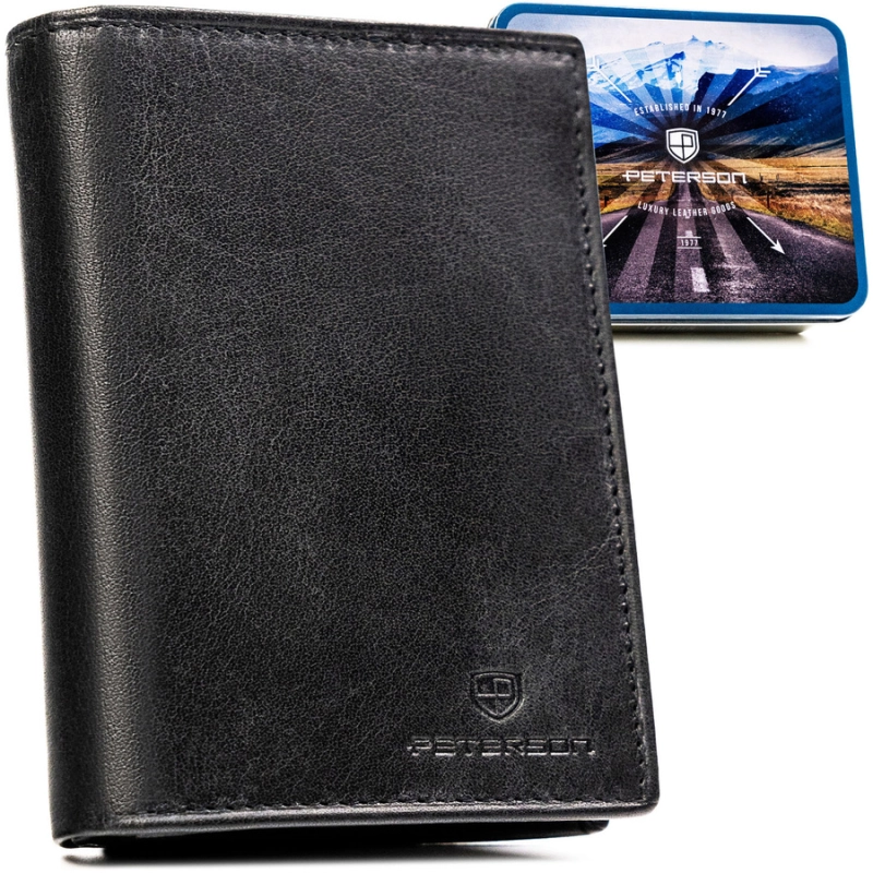Elegancki, skórzany portfel męski w czarnym kolorze bez zapięcia zewnętrznego - Peterson