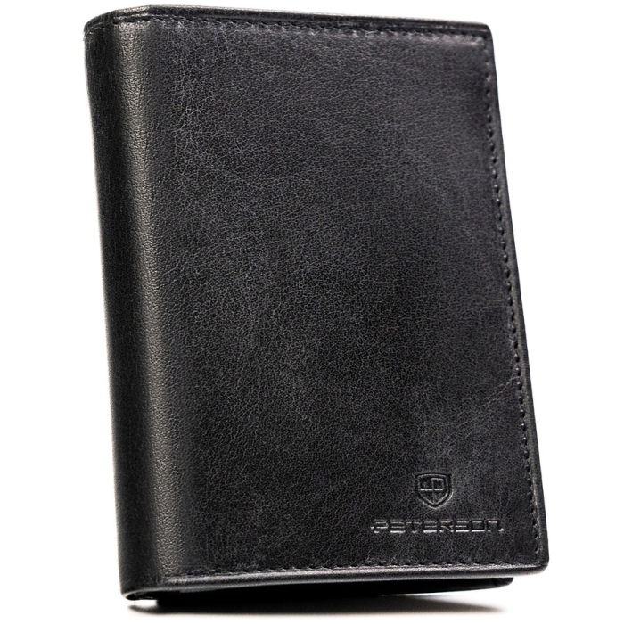 Elegancki, skórzany portfel męski w czarnym kolorze bez zapięcia zewnętrznego - Peterson