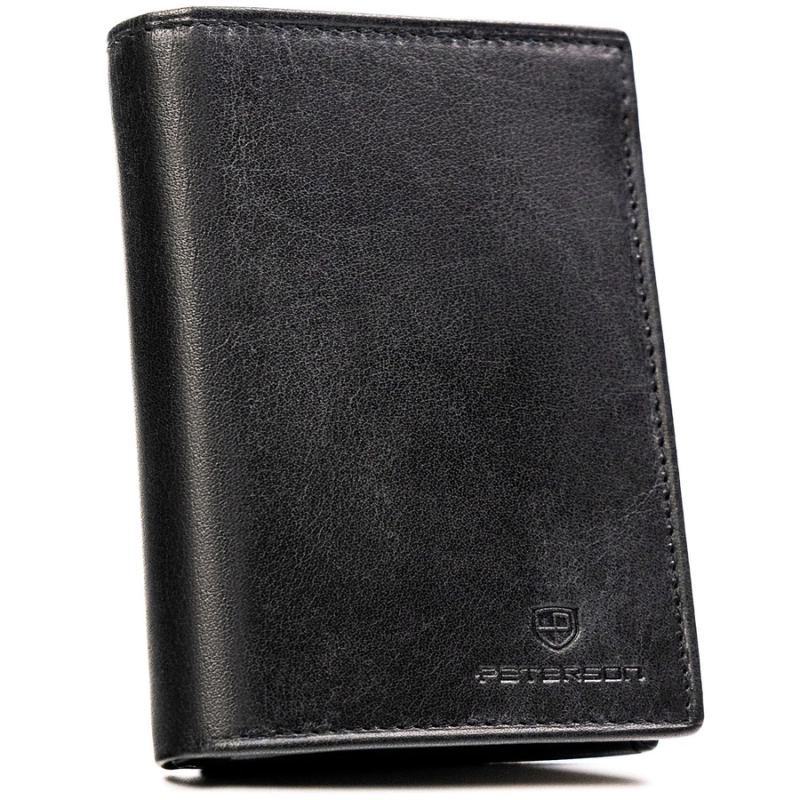 Elegancki, skórzany portfel męski w czarnym kolorze bez zapięcia zewnętrznego - Peterson