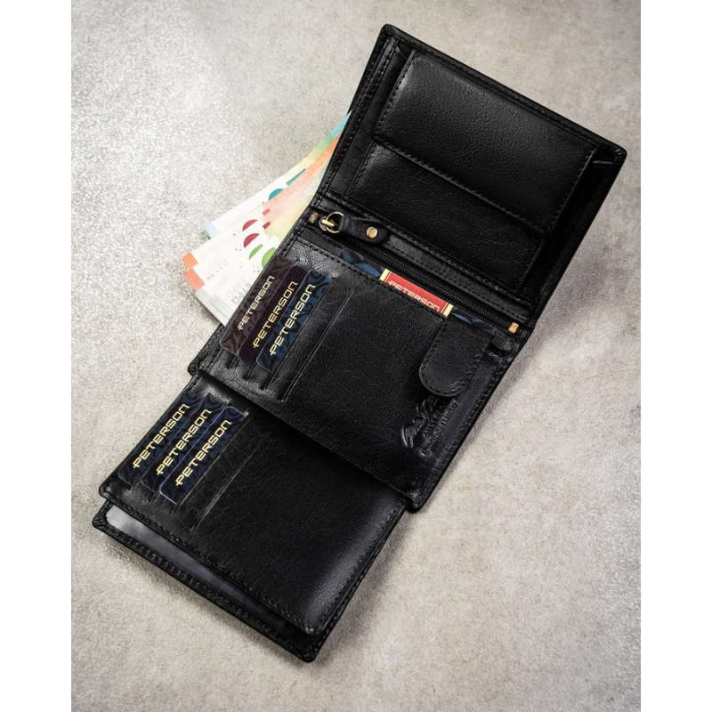 Elegancki, skórzany portfel męski w czarnym kolorze bez zapięcia zewnętrznego - Peterson