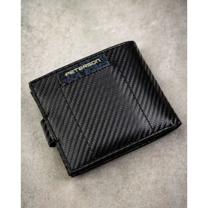 Poziomy portfel męski ze skóry naturalnej w czarnym kolorze wyposażony w system RFID, w zestawie z brelokiem - Peterson