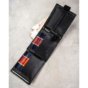 Poziomy portfel męski ze skóry naturalnej w czarnym kolorze wyposażony w system RFID, w zestawie z brelokiem - Peterson