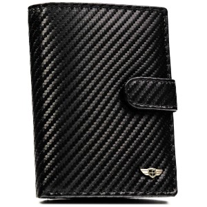 Pionowy portfel męski ze skóry naturalnej w czarnym kolorze wyposażony w system RFID, w zestawie z brelokiem - Peterson