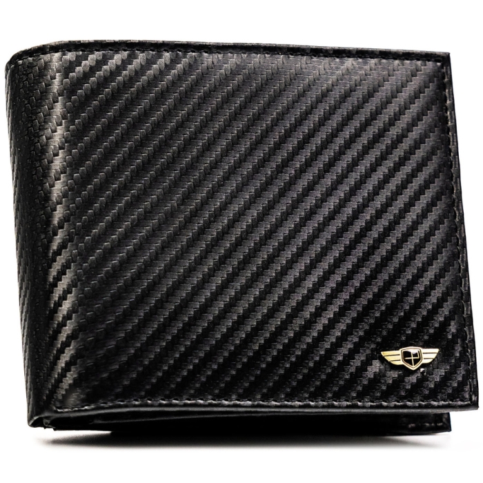 Duży portfel męski ze skóry naturalnej w czarnym kolorze bez zapięcia zewnętrznego, w zestawie z brelokiem - Peterson