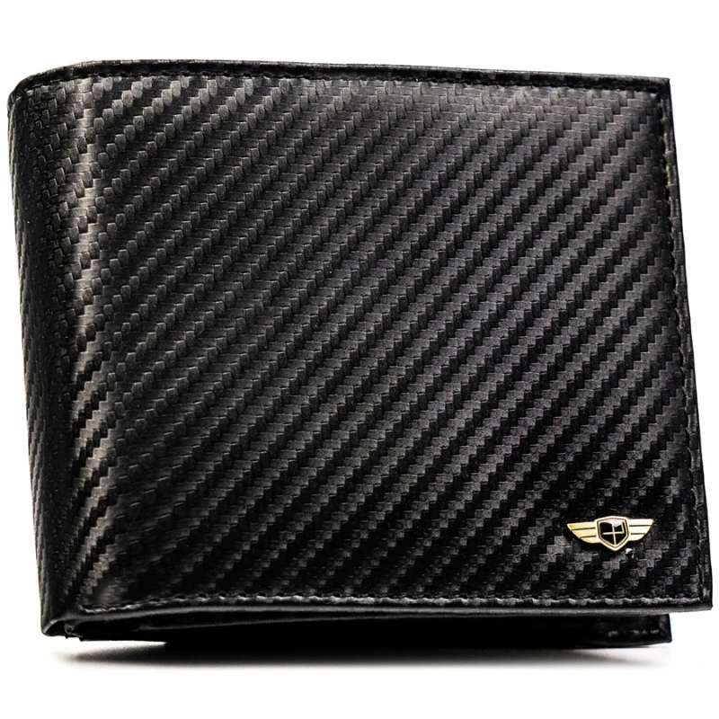 Duży portfel męski ze skóry naturalnej w czarnym kolorze bez zapięcia zewnętrznego, w zestawie z brelokiem - Peterson