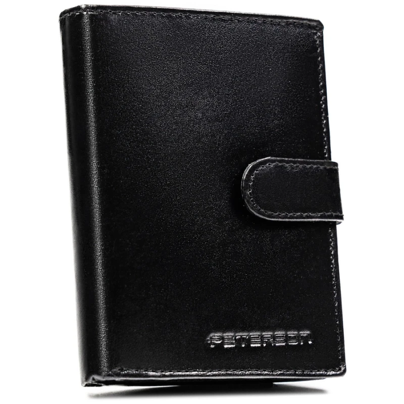 Pionowy portfel męski ze skóry naturalnej w czarnym kolorze w zestawie z brelokiem - Peterson