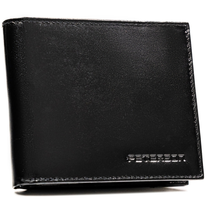 Portfel męski ze skóry naturalnej w czarnym kolorze wyposażony w system RFID, w zestawie z brelokiem - Peterson