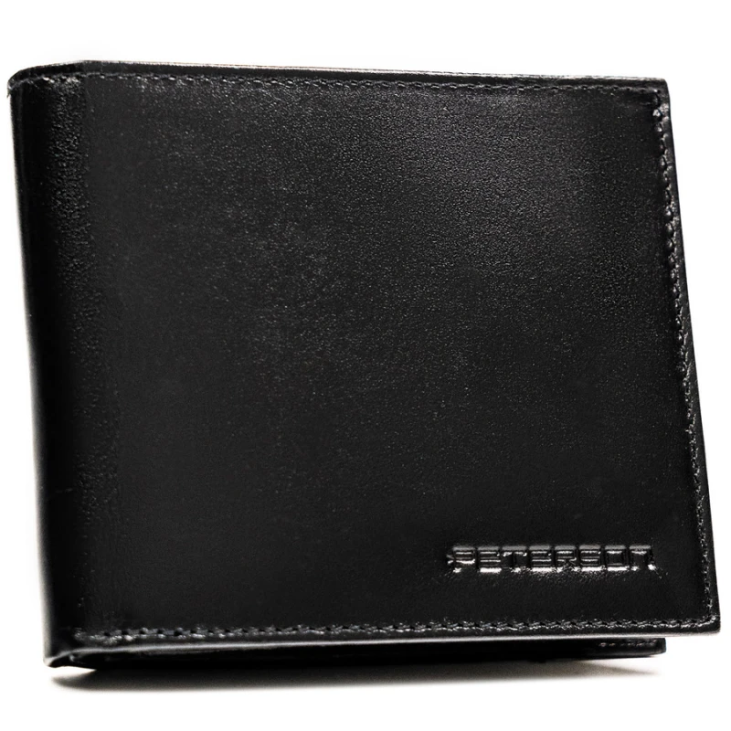 Portfel męski ze skóry naturalnej w czarnym kolorze wyposażony w system RFID, w zestawie z brelokiem - Peterson