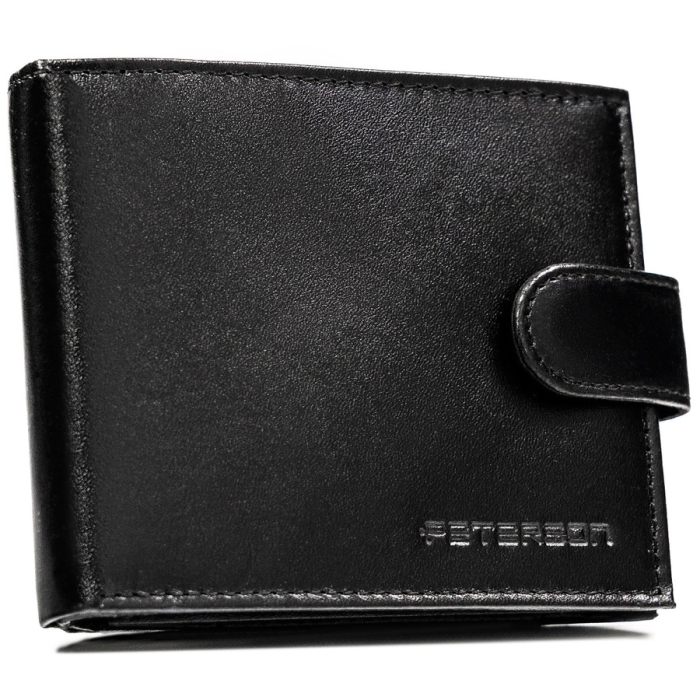 Portfel męski ze skóry naturalnej w czarnym kolorze zamykany na zatrzask, w zestawie z brelokiem - Peterson