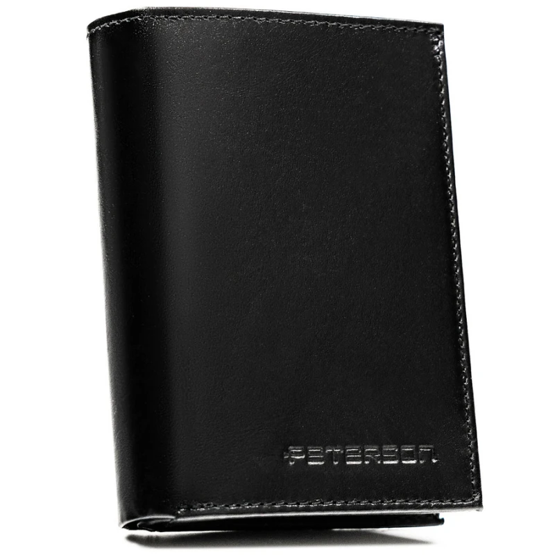 Elegancki portfel męski ze skóry naturalnej w czarnym kolorze w zestawie z brelokiem - Peterson