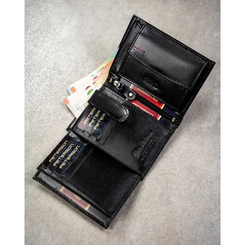 Elegancki portfel męski ze skóry naturalnej w czarnym kolorze w zestawie z brelokiem - Peterson