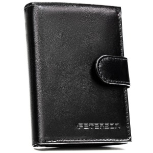 Elegancki portfel męski ze skóry naturalnej w czarnym kolorze zamykany zatrzaskiem, w zestawie z brelokiem - Peterson