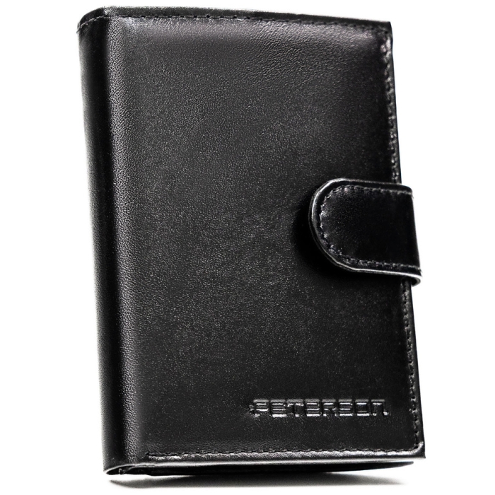 Elegancki portfel męski ze skóry naturalnej w czarnym kolorze zamykany zatrzaskiem, w zestawie z brelokiem - Peterson