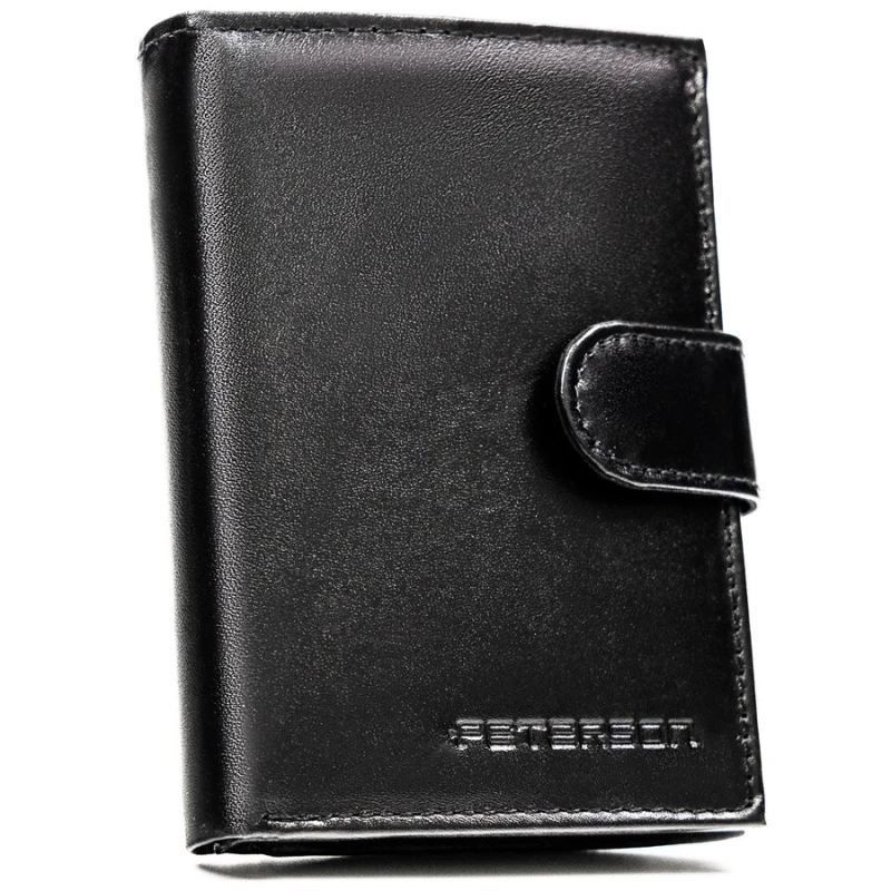 Elegancki portfel męski ze skóry naturalnej w czarnym kolorze zamykany zatrzaskiem, w zestawie z brelokiem - Peterson