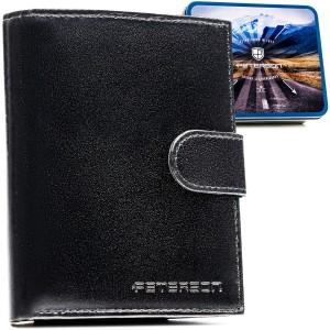 Portfel męski ze skóry naturalnej w czarnym kolorze z systemem RFID i w zestawie z brelokiem - Peterson
