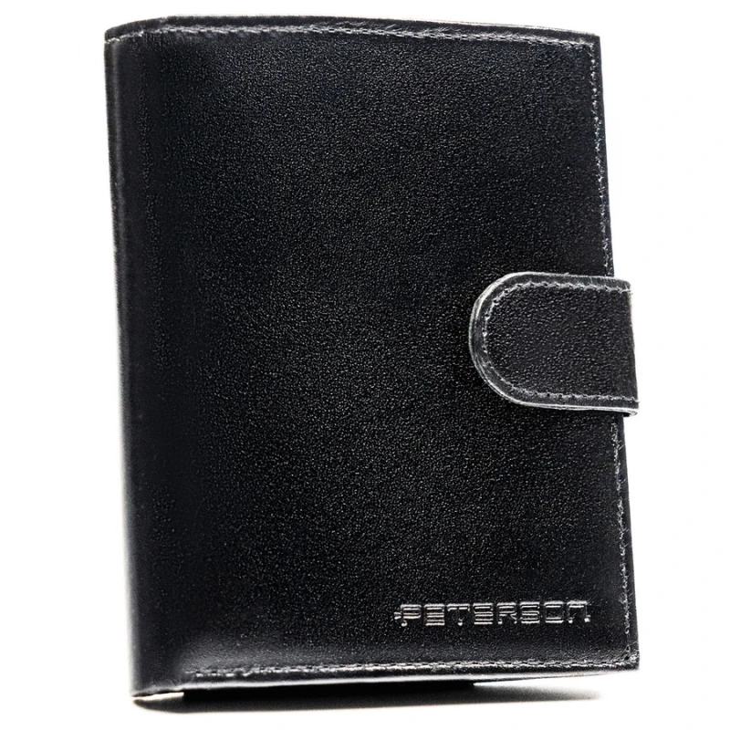 Portfel męski ze skóry naturalnej w czarnym kolorze z systemem RFID i w zestawie z brelokiem - Peterson