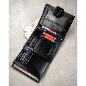 Portfel męski ze skóry naturalnej w czarnym kolorze z systemem RFID i w zestawie z brelokiem - Peterson