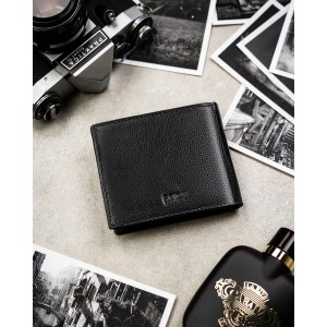 Poziomy portfel męski ze skóry naturalnej w czarnym kolorze w zestawie z brelokiem - Peterson