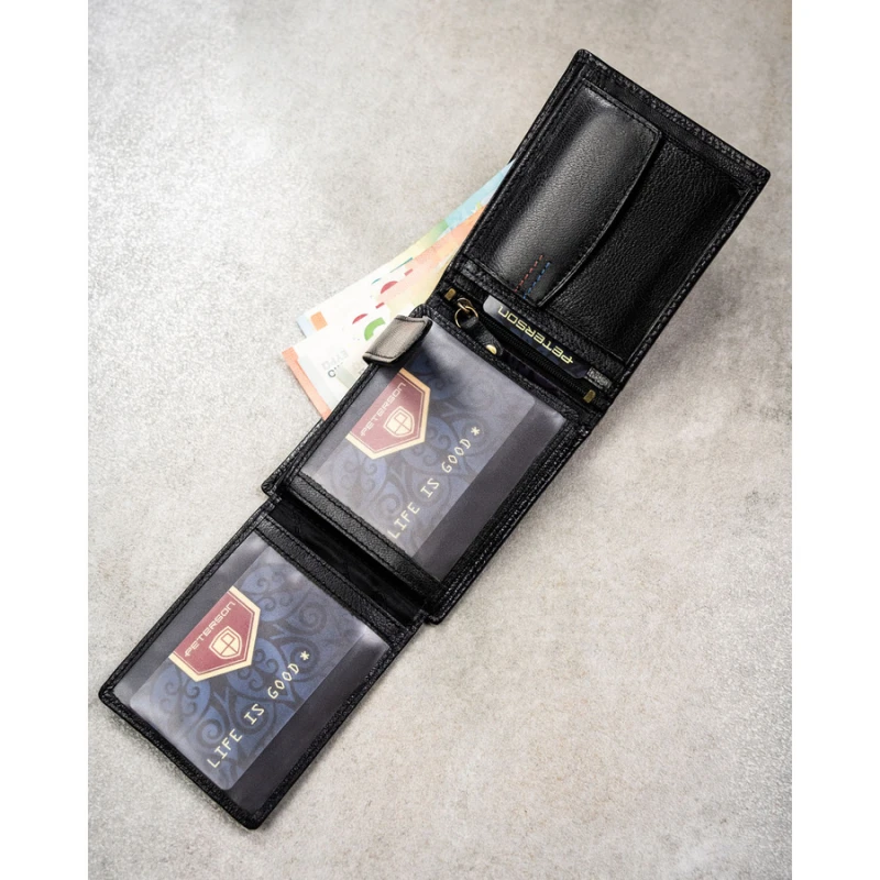 Poziomy portfel męski ze skóry naturalnej w czarnym kolorze w zestawie z brelokiem - Peterson