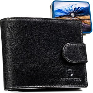 Poziomy portfel męski ze skóry naturalnej w czarnym kolorze w zestawie z brelokiem - Peterson