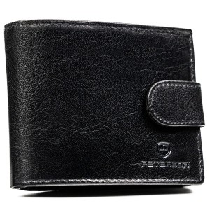 Poziomy portfel męski ze skóry naturalnej w czarnym kolorze w zestawie z brelokiem - Peterson