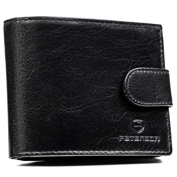 Poziomy portfel męski ze skóry naturalnej w czarnym kolorze w zestawie z brelokiem - Peterson