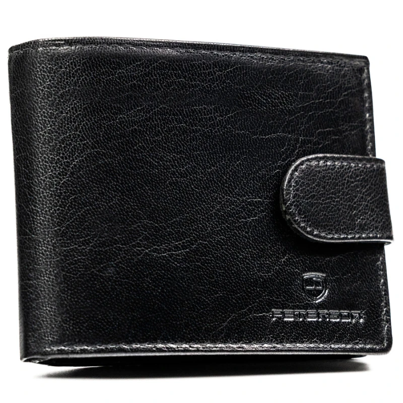 Poziomy portfel męski ze skóry naturalnej w czarnym kolorze w zestawie z brelokiem - Peterson