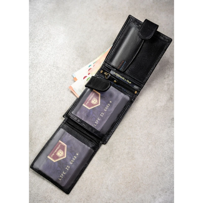 Poziomy portfel męski ze skóry naturalnej w czarnym kolorze w zestawie z brelokiem - Peterson