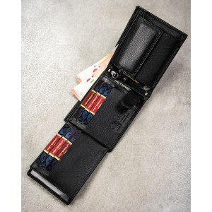 Poziomy, duży portfel męski ze skóry naturalnej w czarnym kolorze w zestawie z brelokiem - Peterson