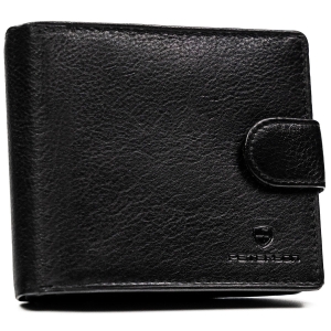 Poziomy, duży portfel męski ze skóry naturalnej w czarnym kolorze zamykany na zatrzask, w zestawie z brelokiem - Peterson