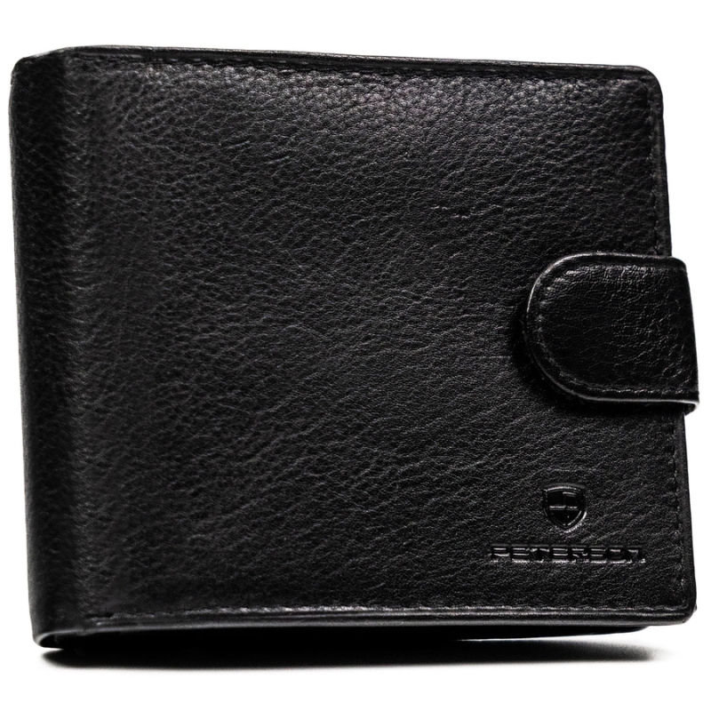 Poziomy, duży portfel męski ze skóry naturalnej w czarnym kolorze zamykany na zatrzask, w zestawie z brelokiem - Peterson