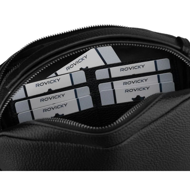 Wnętrze saszetki Rovicky – główna komora i kieszenie na karty
