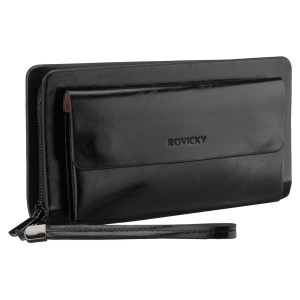 Saszetka męska ze skóry ekologicznej w czarnym kolorze, dwukomorowa - Rovicky