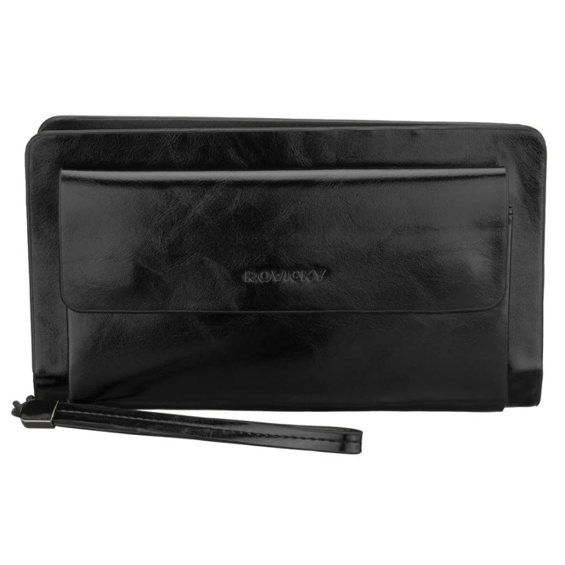 Saszetka męska ze skóry ekologicznej w czarnym kolorze, dwukomorowa - Rovicky